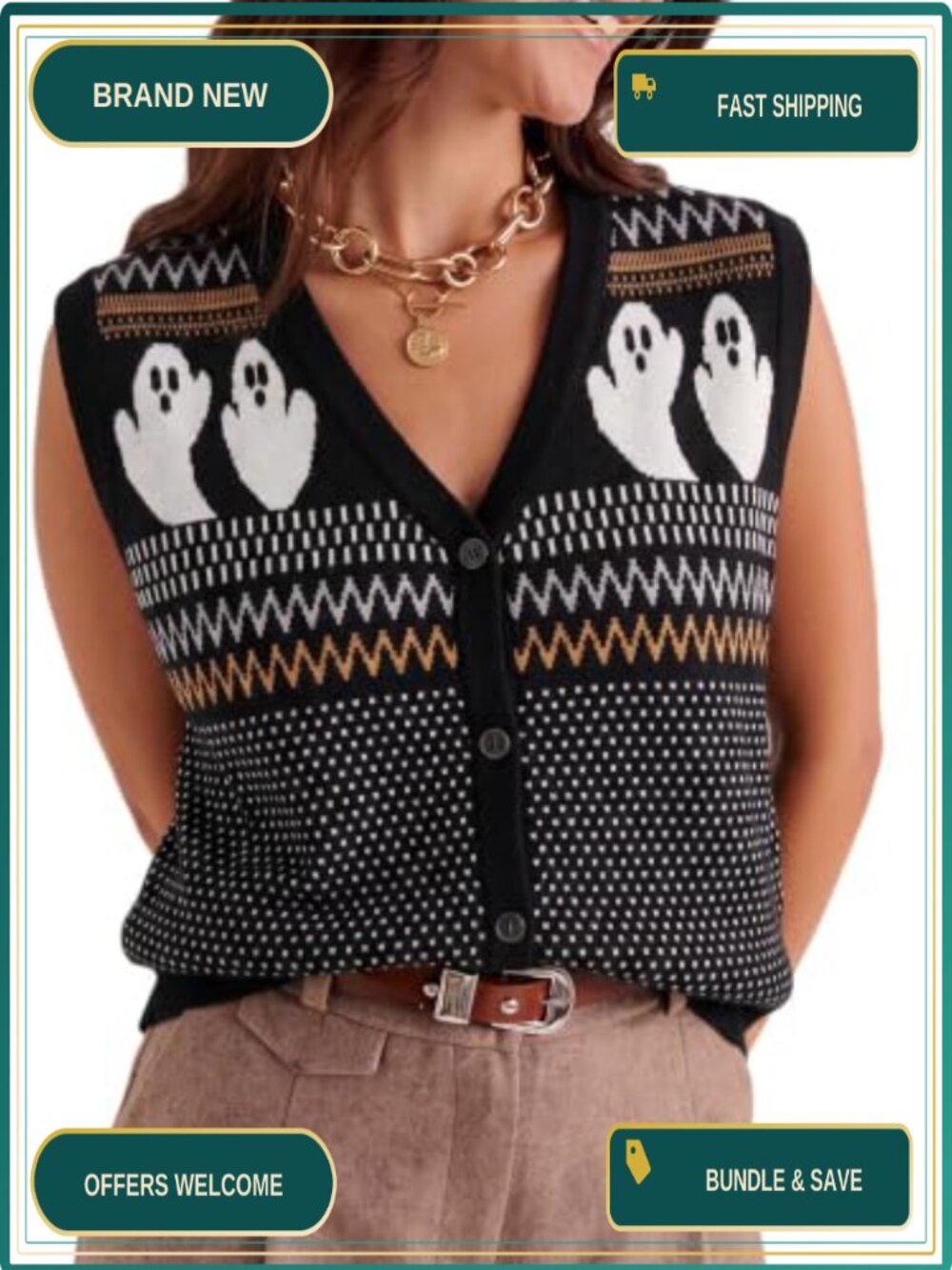 Sleeveless Button Down Sweater Vest Women Halloween Holiday Knit